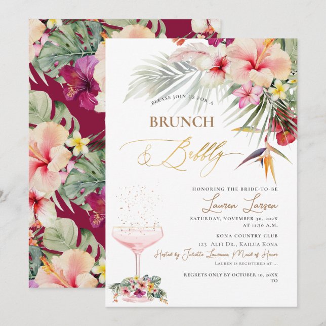 Invitación ArtsApp Paraíso tropical Faux Gold Brunch+Bubbly (Anverso / Reverso)