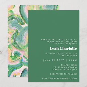 Invitación Artsy Abstracto Verde Acuarela Bat Bar Mitzvah