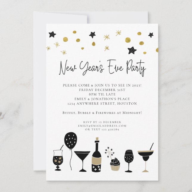 Invitación Artsy Black Gold Fiesta de Año Nuevo (Anverso)