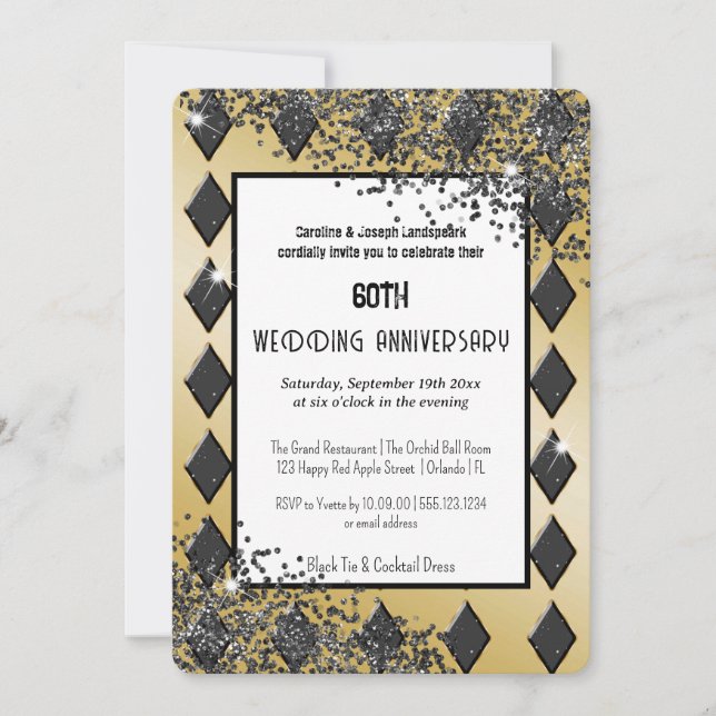 Invitación As de Diamantes de Oro Negro Lujo Bodas Aniversari (Anverso)