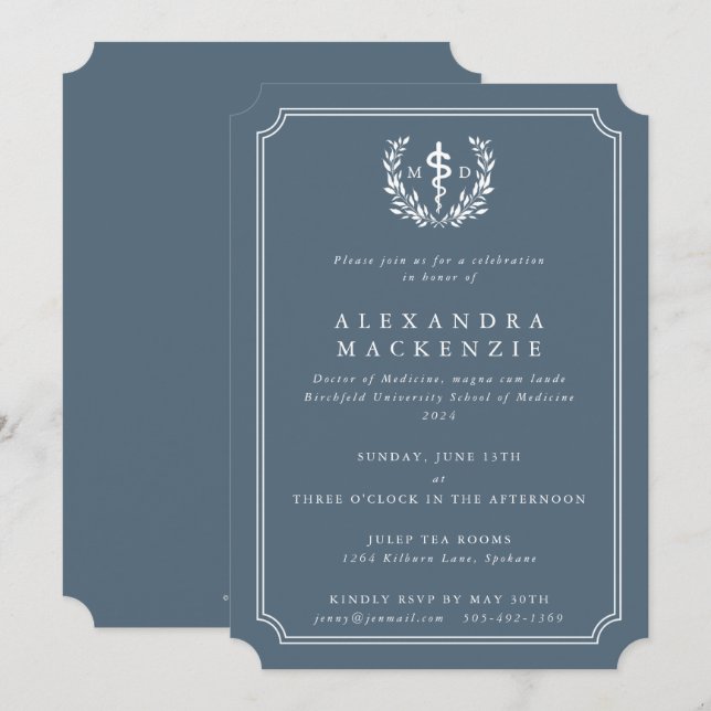 Invitación Asclepio MD azul-gris + Graduación de la guirnalda (Anverso / Reverso)