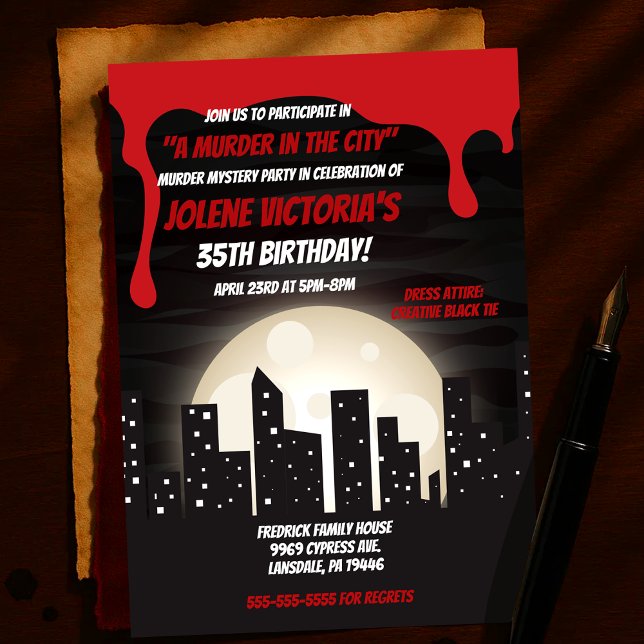 Invitación Asesinato sangriento en la fiesta de misterio de l (Bloody Murder in the City Murder Mystery Party Invitation
)