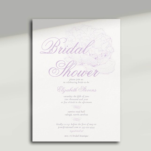 Invitación Así Lilac Peony Calligraphy Elegante Ducha Bridal (peony bridal shower invitation formal traditional calligraphy modern classic dreamy lilac)