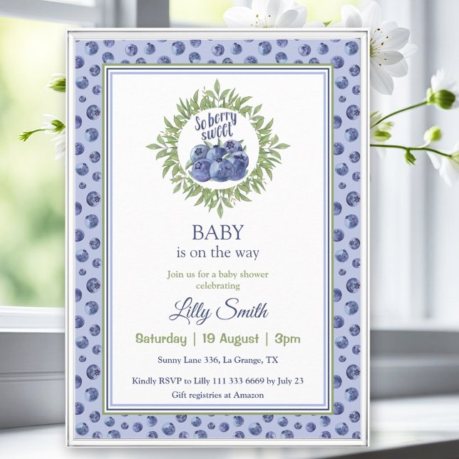 Invitación Así que Berry Sweet Baby Shower Blueberry Blue Pat (So Berry Sweet Baby Shower Blueberry Blue Pattern Invitation)