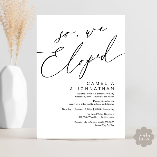 Invitación Así que, Elegimos Fiesta Romántico Moderno De Cena (So, We Eloped, Modern Romantic Wedding Dinner Brunch Lunch Party Invitation Card PDF Black White)