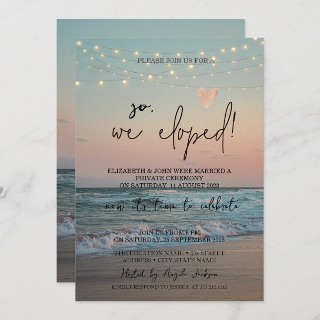 Invitación Así que Nos Fugamos,Boda al Atardecer en la Playa  (Anverso / Reverso)
