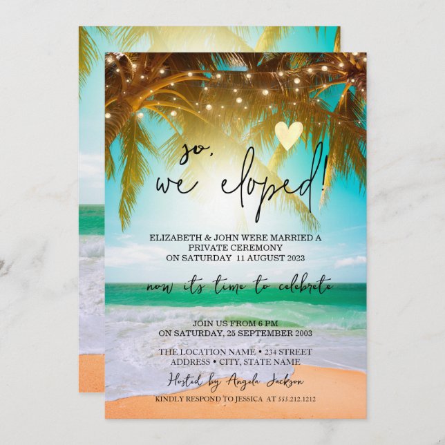 Invitación Así que Nos Fugamos,Boda de Elopamiento en Playa c (Anverso / Reverso)