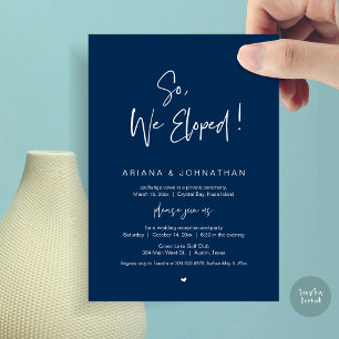 Invitación Así que, nos fugamos, Boda Elopement, en azul mari