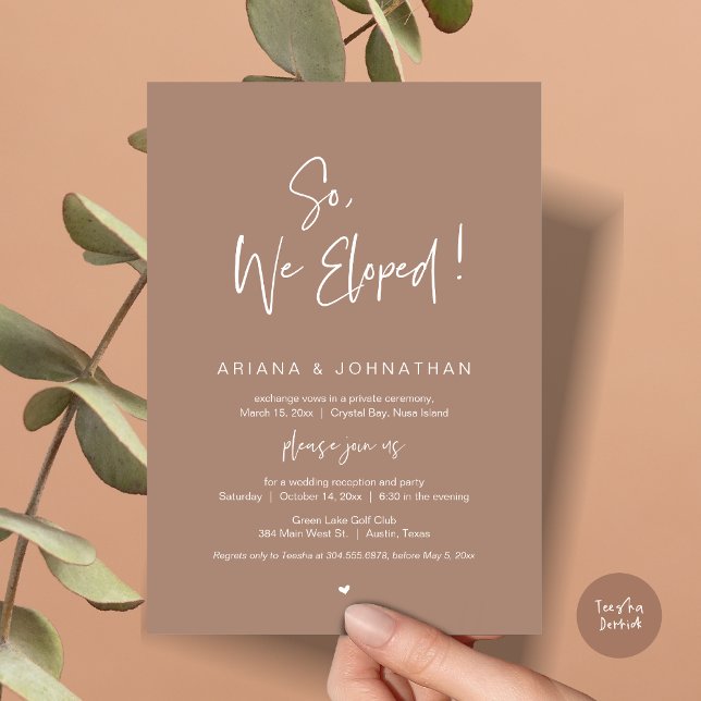 Invitación Así que, nos fugamos, Boda Elopement, en la cuerda (So, We Eloped, Modern Wedding Elopement Dinner Invitation Card, PDF, in Neutral Taupe)
