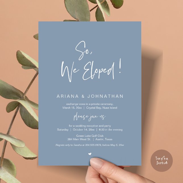 Invitación Así que, nos fugamos, Boda Elopement, en un azul t (So, We Eloped, Modern Wedding Elopement Dinner Invitation Card, PDF, in Dusty Blue)