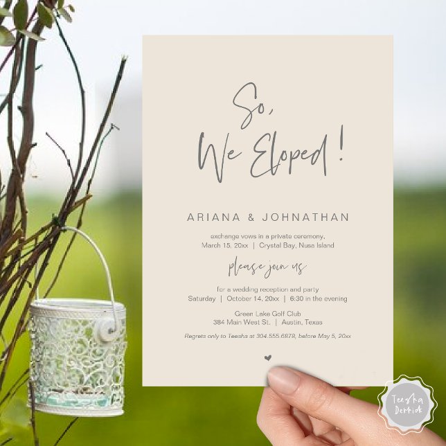 Invitación Así Que, Nosotros Elegimos, La Cena Moderna Boda E (So, We Eloped, Modern Wedding Elopement Dinner Invitation Card, PDF, in Dark Grey Cream)