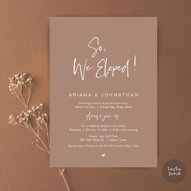 Invitación Así Que, Nosotros Elegimos, La Cena Moderna Boda E (So, We Eloped, Modern Wedding Elopement Dinner Invitation Card, PDF, in Taupe Earthy)