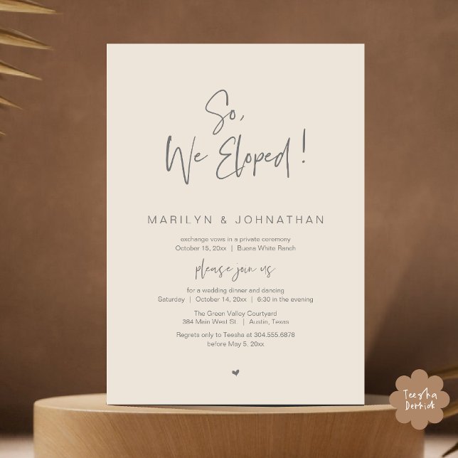Invitación Así Que, Nosotros Elegimos, La Cena Moderna Boda E (So, We Eloped, Modern Classy Wedding Elopement Dinner Party Invitation Card PDF Cream Grey)
