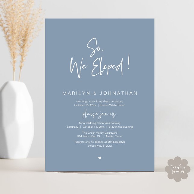 Invitación Así Que, Nosotros Elegimos, La Cena Moderna Boda E (So, We Eloped, Modern Classy Wedding Elopement Dinner Party Invitation Card PDF Dusty Blue)