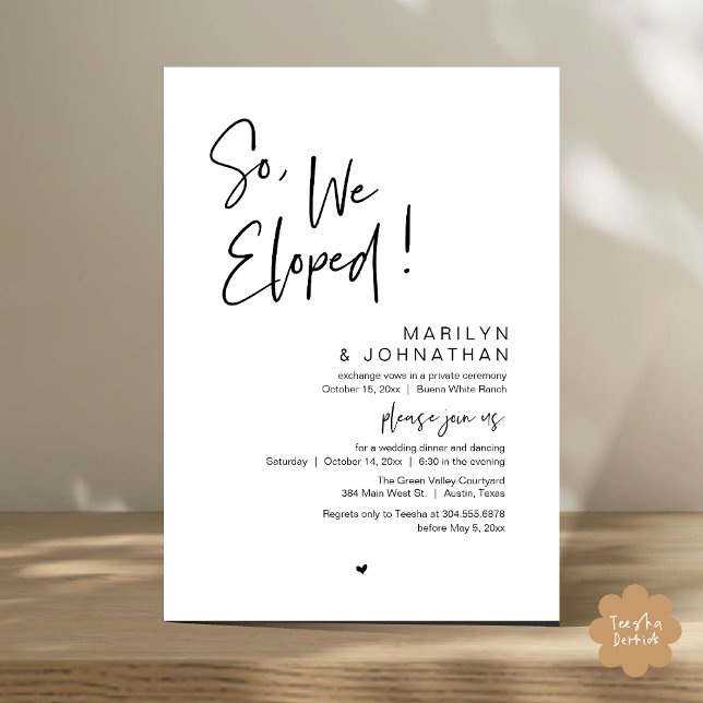 Invitación Así Que, Nosotros Elegimos, La Cena Moderna Boda E (So, We Eloped, Modern Classy Wedding Elopement Dinner Party Invitation Card PDF Black White)