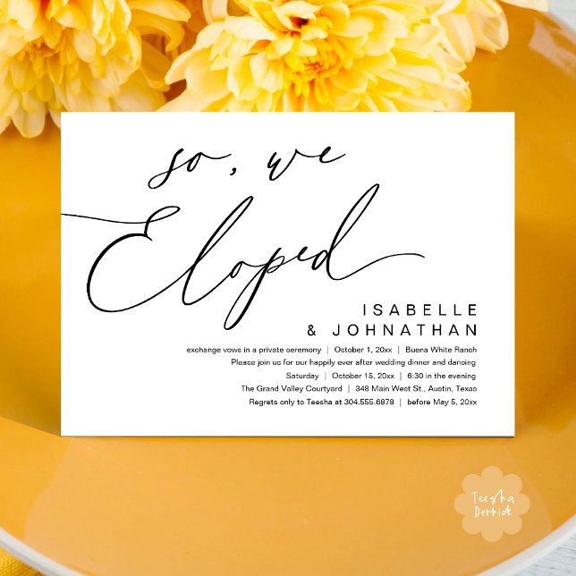 Invitación Así Que, Nosotros Elegimos, Romántico Fiesta De Ce (So, We Eloped, Modern Romantic Wedding Dinner Brunch Lunch Party Invitation Card PDF Black White)