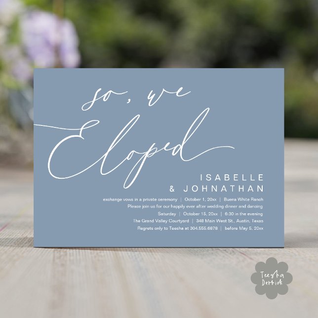 Invitación Así Que, Nosotros Elegimos, Romántico Fiesta De Ce (So, We Eloped, Modern Romantic Wedding Dinner Brunch Lunch Party Invitation Card PDF Dusty Blue)