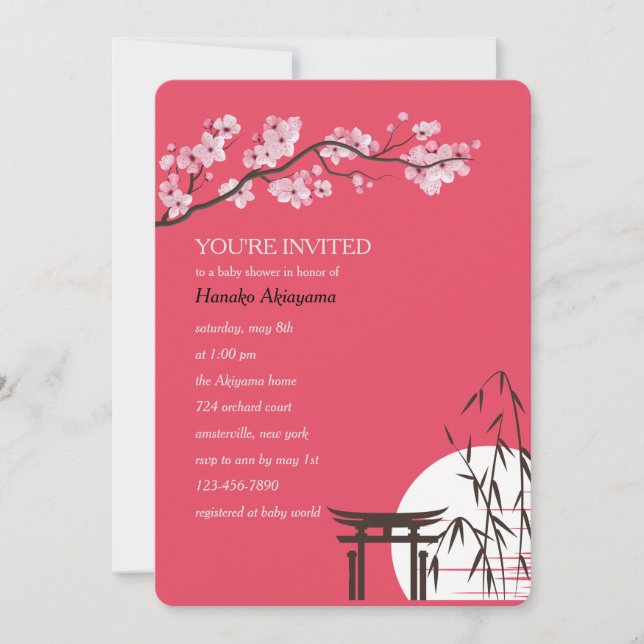Invitación asiática de Sakura Baby Shower (Anverso)