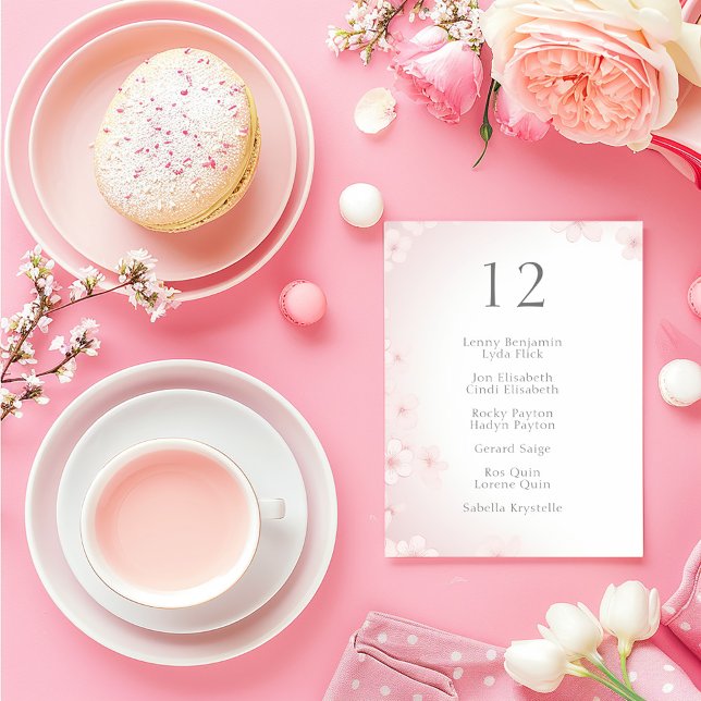Invitación Asiento de mesa Boda de flores de cerezo suave ros (Featuring a graceful border of hand-painted style cherry blossoms table number chart )
