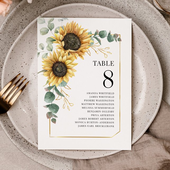 Invitación Asientos Bodas de la mesa de Eucalipto de girasol (Sunflower Eucalyptus Floral Table Number Seating Chart Card)