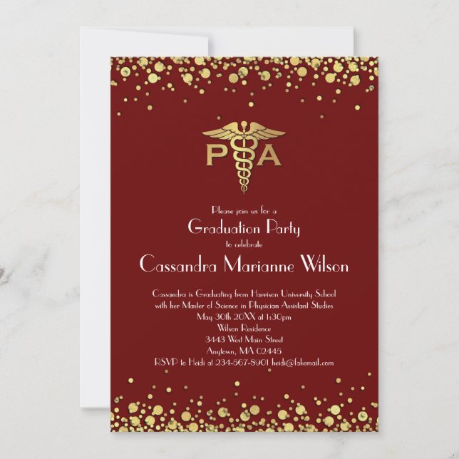 Invitación Asistente de Médico PA Graduación Granate Oro (Anverso)