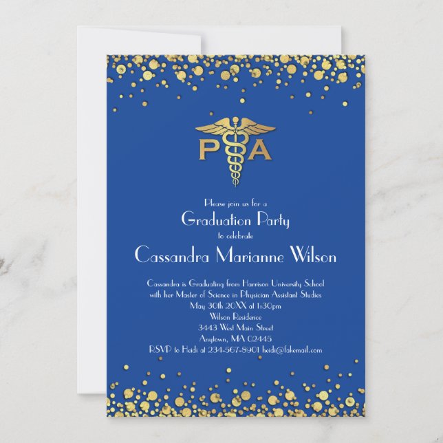 Invitación Asistente Médico Graduación Azul Dorado PA (Anverso)