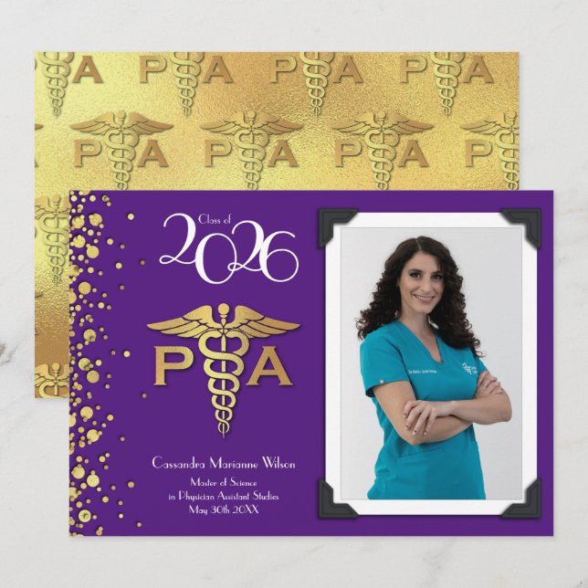 Invitación Asistente Médico Graduación Morado Dorado (Anverso / Reverso)
