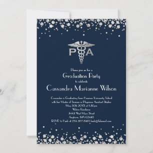 Invitación Asistente Médico PA Graduación Azul Marino Plata