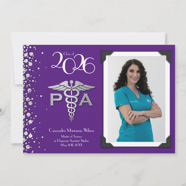 Invitación Asistente Médico PA Graduación Púrpura Plata (Anverso)