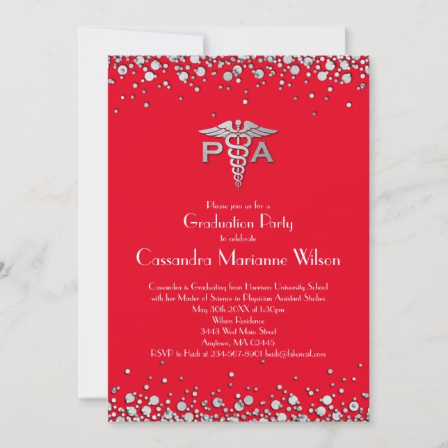 Invitación Asistente Médico PA Graduación Rojo Plata (Anverso)