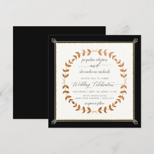 Invitación Aspecto de cobre Leaf Wreath Black Tie Elegante (Anverso / Reverso)
