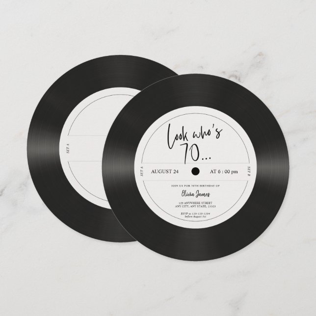 Invitación Aspecto de disco de vinilo retro Quién cumple 70,  (Anverso / Reverso)