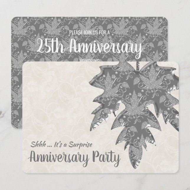 Invitación Aspecto de metal plateado hoja de otoño 25 anivers (Anverso / Reverso)