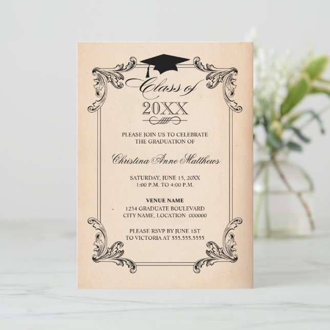 Invitación Aspecto de papel de época y graduación de ornament (Anverso de pie)