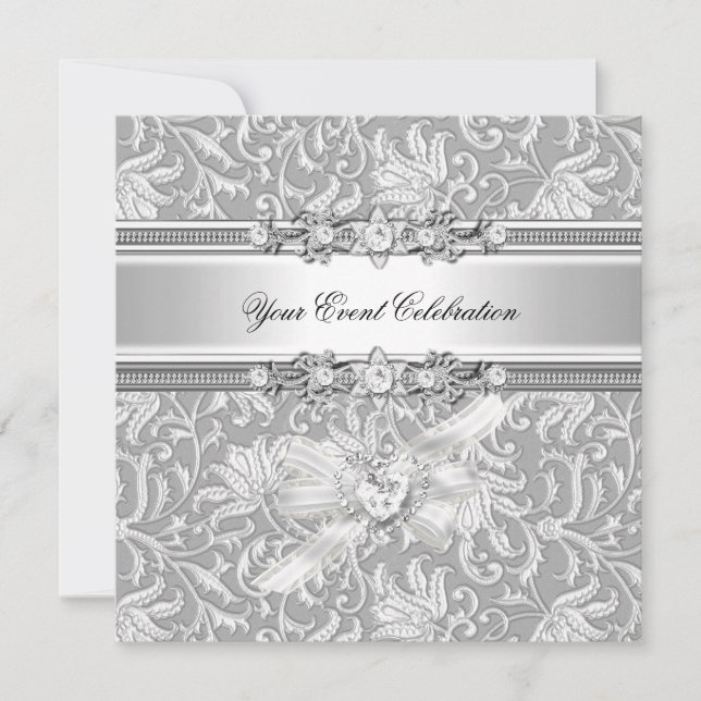 Invitación Aspecto de plata repujada blanco elegante fiesta (Anverso)