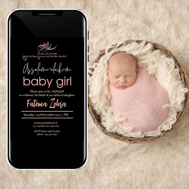 Invitación Assalamualaikum Niña Musulmana Aqiqah BlackPink (Assalamualaikum Baby Girl Muslim Aqiqah BlackPink Invitation)