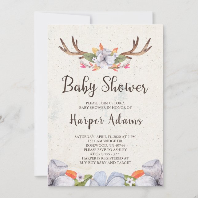 Invitación Astas florales Baby Shower de Boho (Anverso)