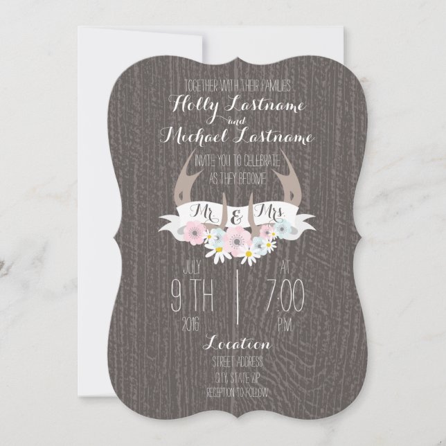 Invitación Astas florales + Boda de madera del granero (Anverso)