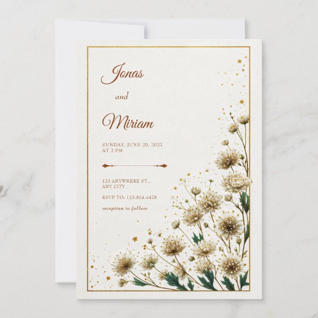 Invitación Astrantia Blanca Boda Dorada Gilded (Anverso)
