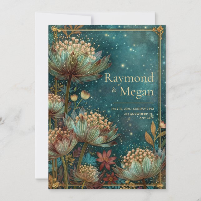 Invitación Astrantia Glow Esmeralda Celestial Boda Verde Azul (Anverso)