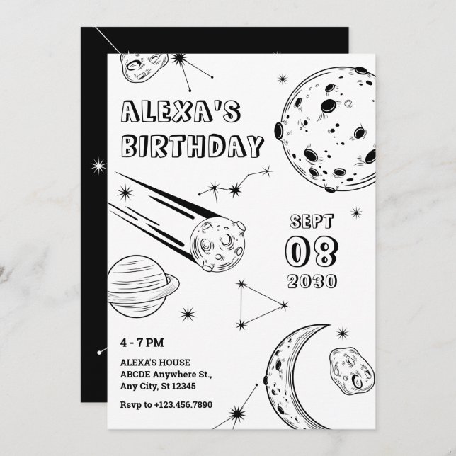 Invitación Astrología de luna de cumpleaños en blanco y negro (Anverso / Reverso)
