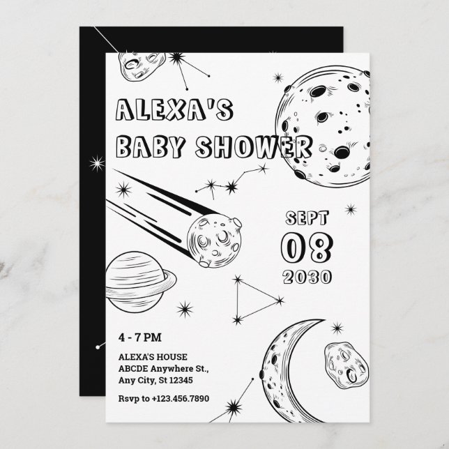 Invitación Astrología en blanco y negro ducha de bebé (Anverso / Reverso)
