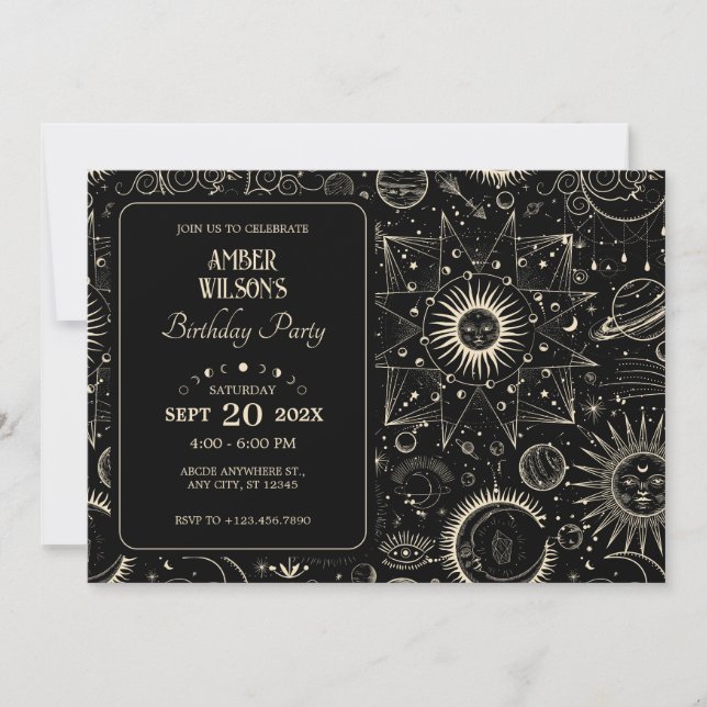 Invitación Astrología mágica cumpleaños celestial (Anverso)