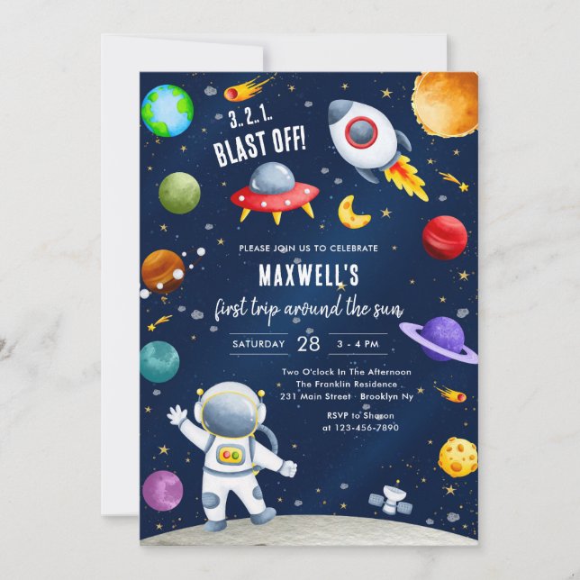 Invitación Astronaut First Trip Around the Sun 1st Birthday (Anverso)