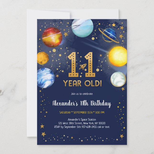 Invitación Astronaut Outer Space Planet Galaxy 11th Birthday (Anverso)