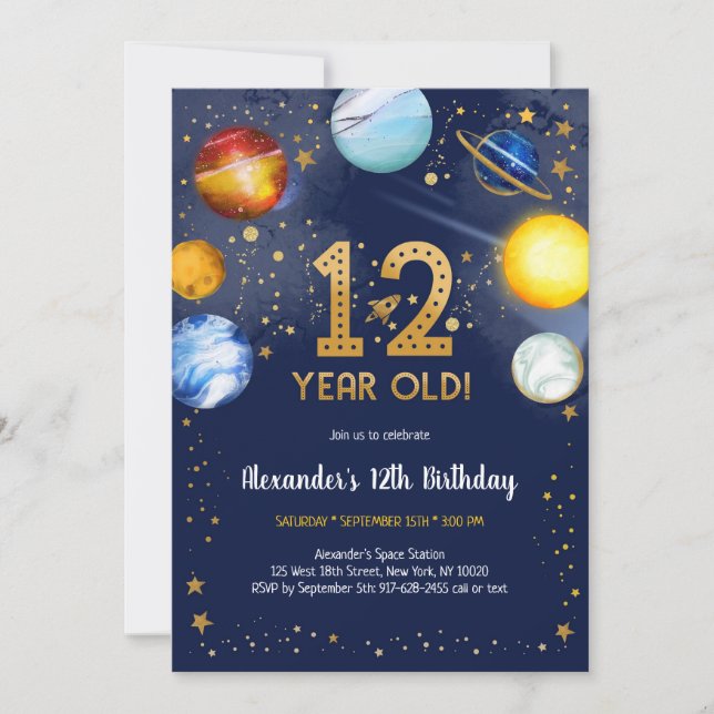 Invitación Astronaut Outer Space Planet Galaxy 12th Birthday (Anverso)