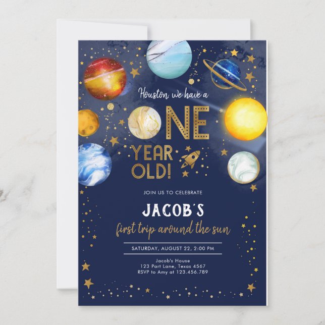 Invitación Astronaut Outer Space Planet Galaxy 1st Birthday (Anverso)