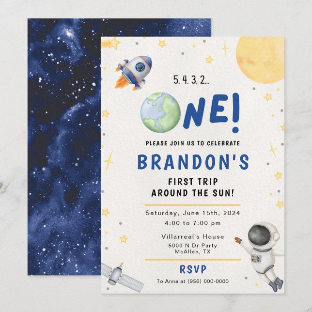 Invitación Astronaut Space First Trip Around The Sun Birthday (Anverso / Reverso)
