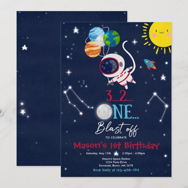 Invitación Astronauta astronauta de fiesta de cumpleaños en e (Anverso / Reverso)