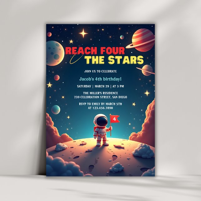 Invitación Astronauta astronauta de Space Stars (Reach Four The Stars Astronaut Boy 4th Birthday Invitation)
